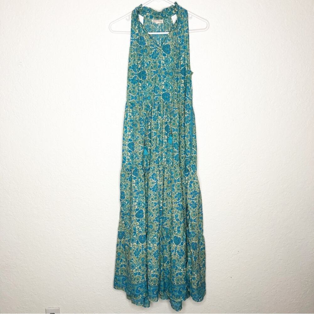 Boemo blue green floral sleeveless tiered maxi dress size Small Petite SP